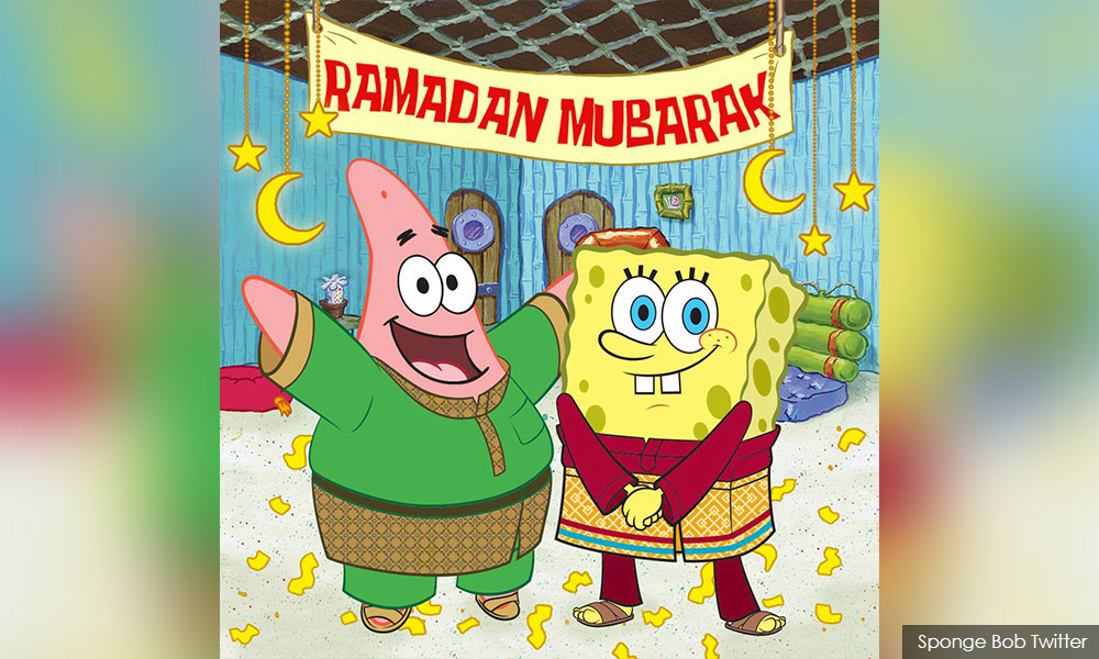 Spongebob dan Patrick berbaju Melayu, bersamping ucap selamat berpuasa