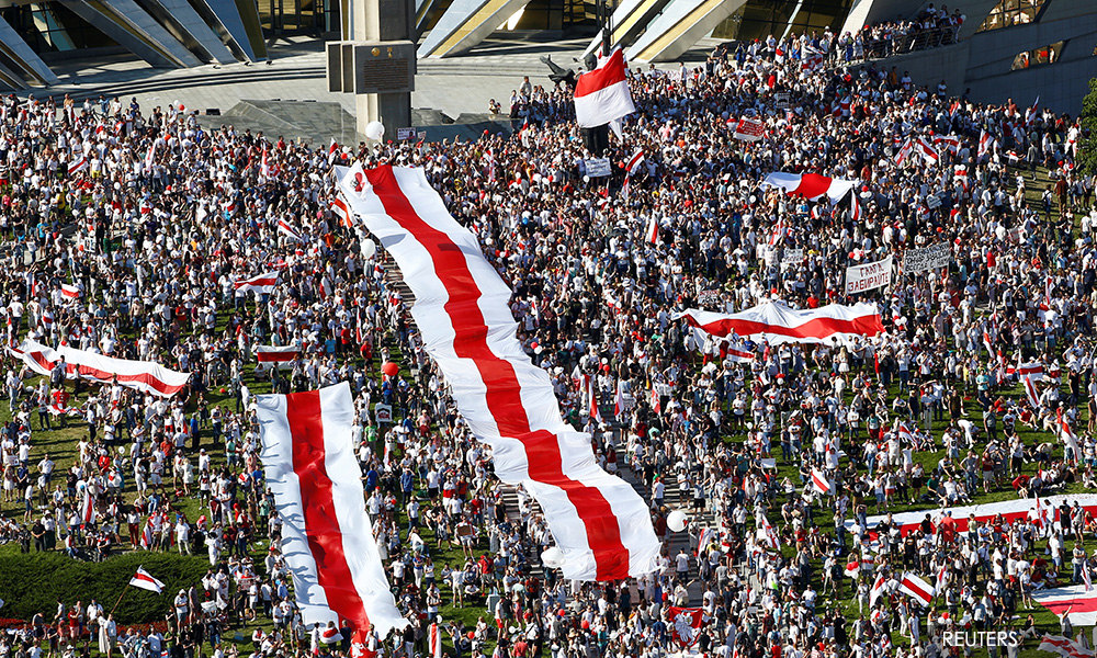 Protesters pack Belarus capital, Russia says military help available