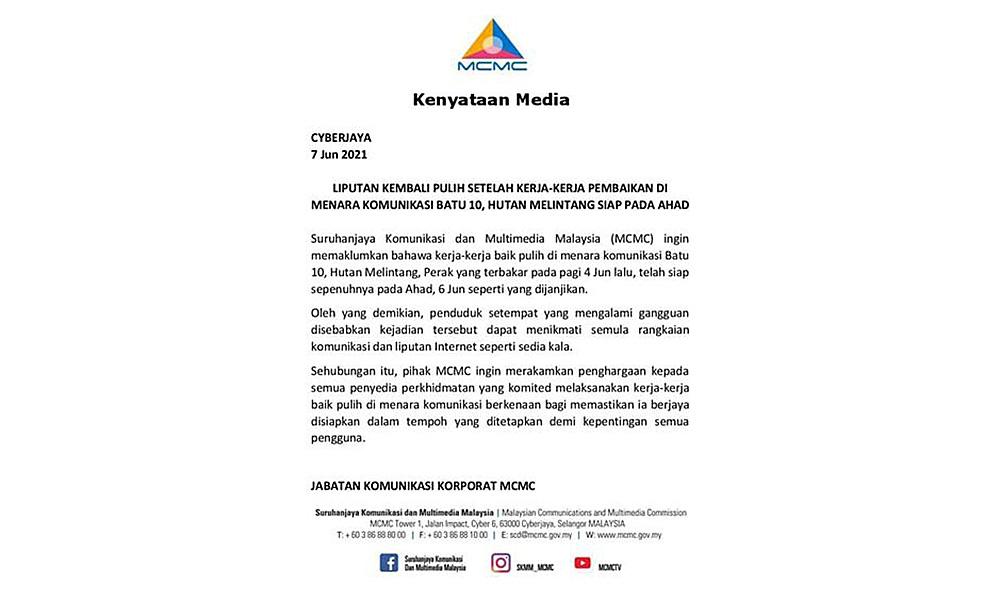 Work to repair Hutan Melintang communication tower completed - MCMC