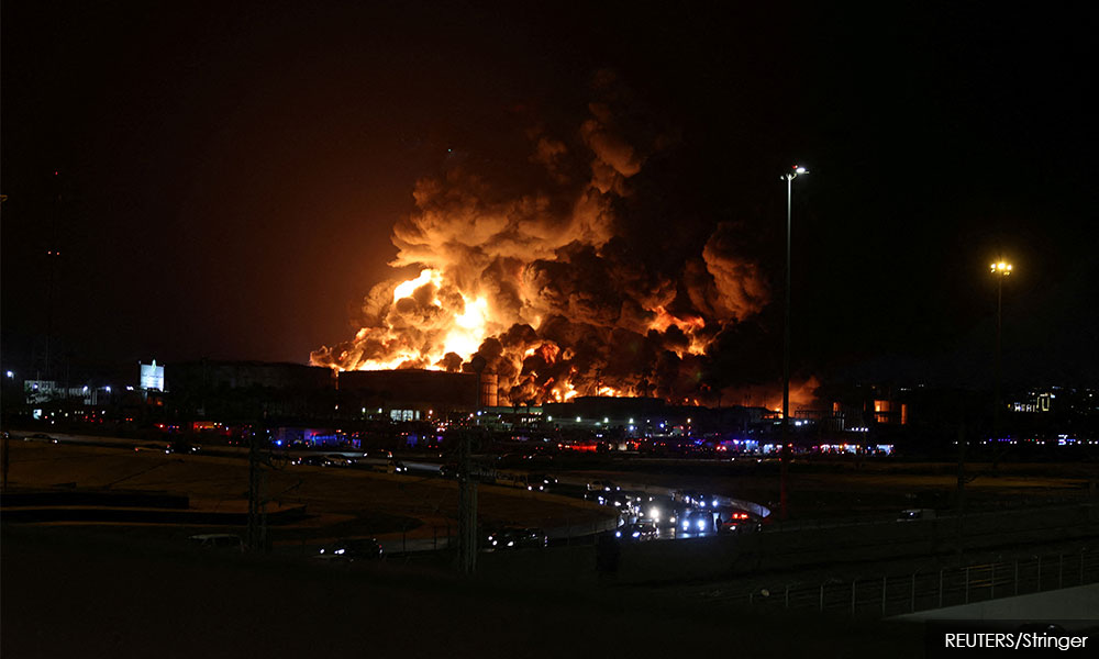 Saudi Aramco storage petroleum facility hit by Houthi attack, causing fire