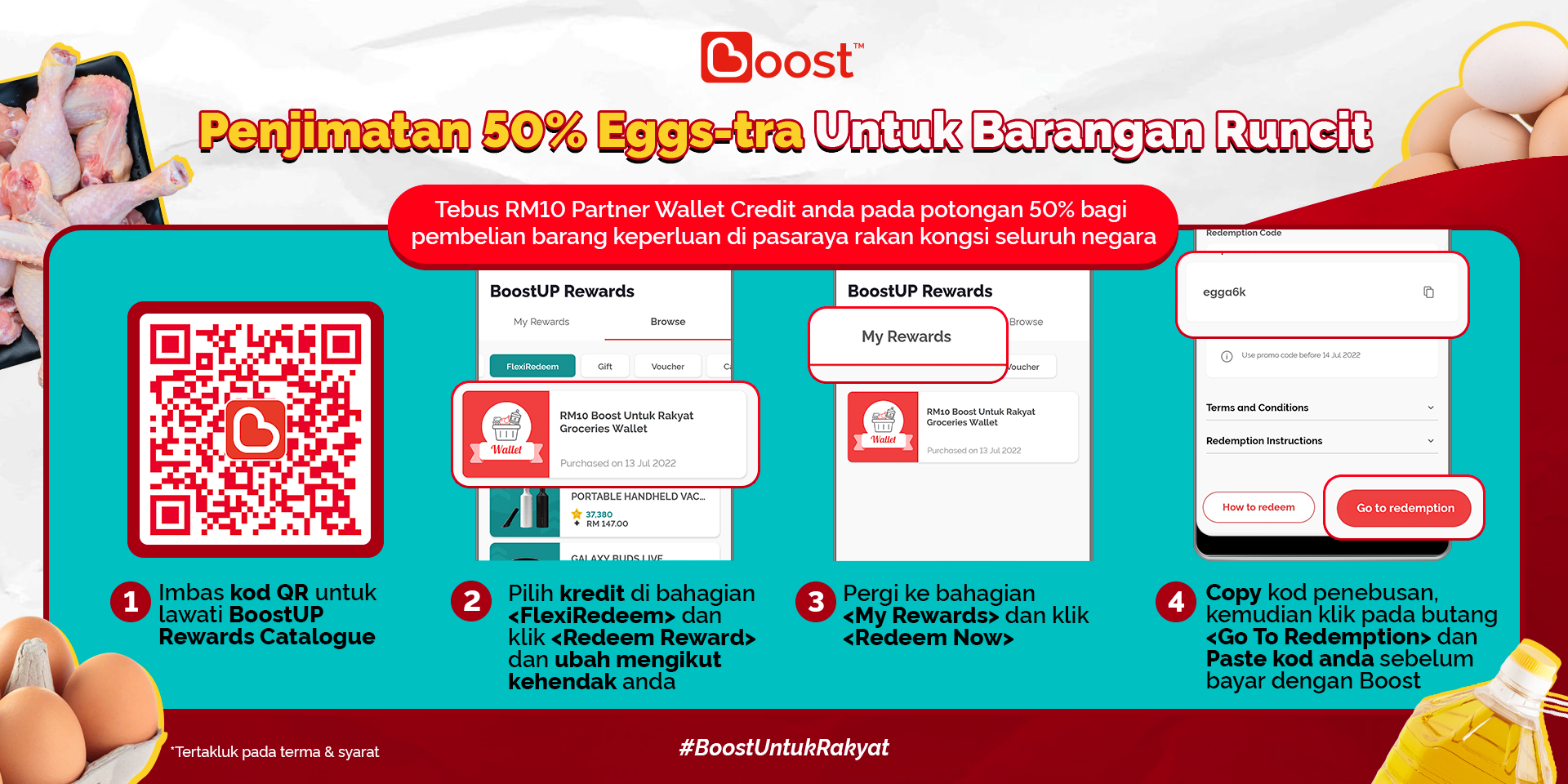 Boost mensubsidikan 50% untuk barangan runcit di pasaraya agar rakyat mampu membeli lebih banyak telur dan ayam