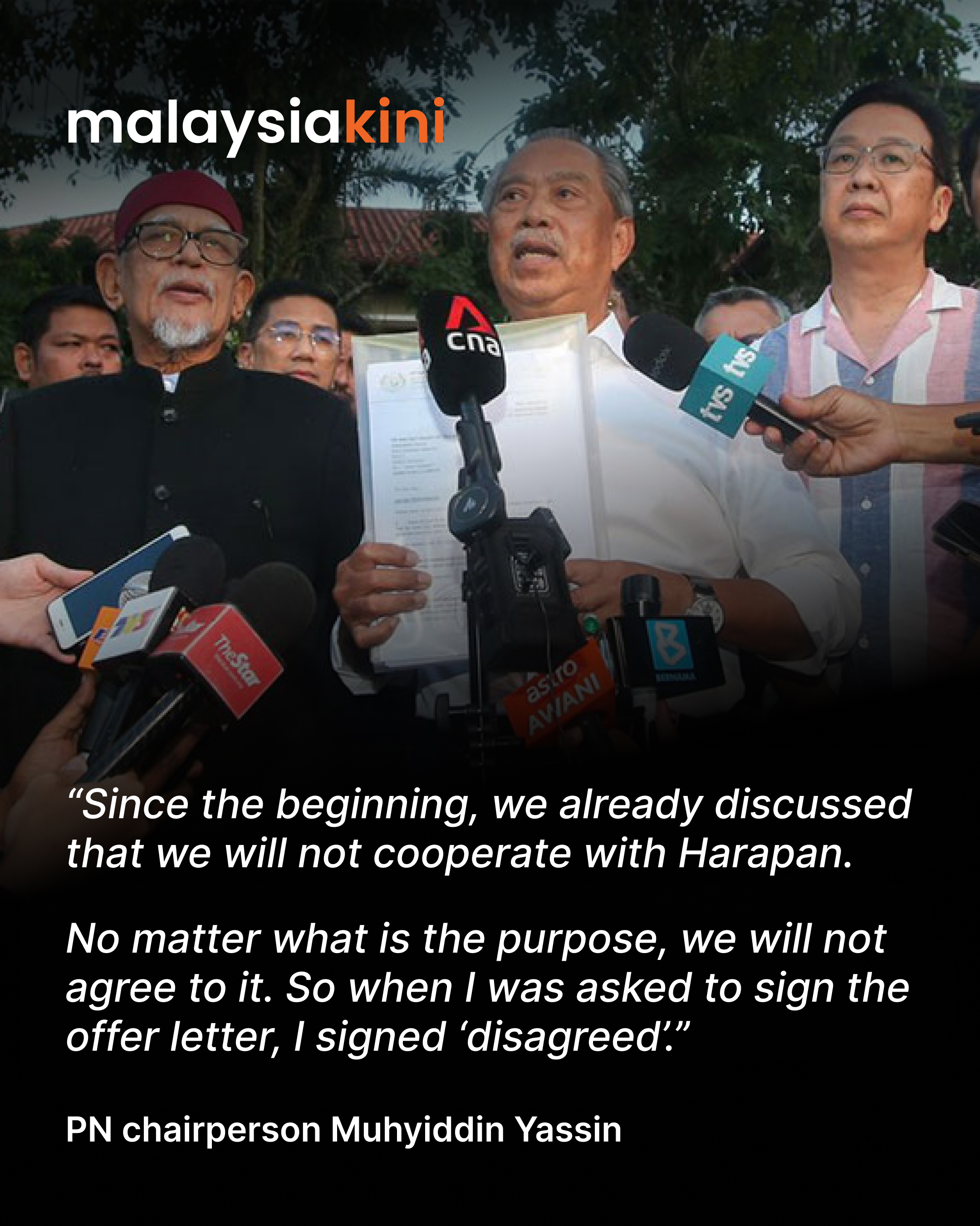 Muhyiddin rejects Agong's suggestion of unity govt with Harapan