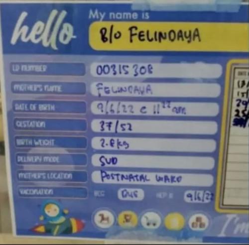 Hospital card identifying Felindaya’s newborn.