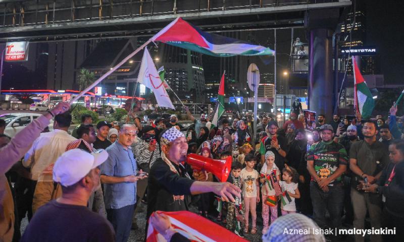 昨晚聚集美国使馆外，约150人声援巴勒斯坦