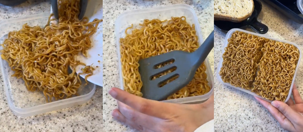 Place cooked instant noodles in a rectangular container