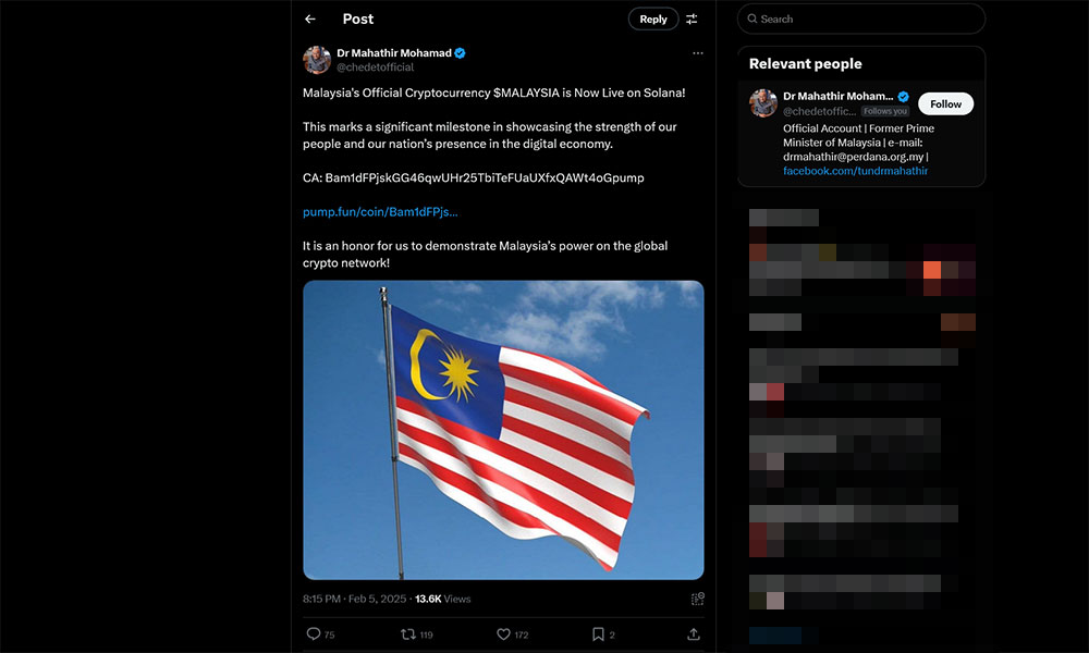 Dr M's X account hacked, promotes crypto scheme
