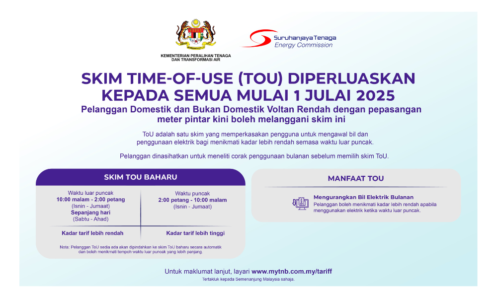 Skim Time-Of-Use (TOU) diperluaskan kepada semua mulai 1 Julai 2025