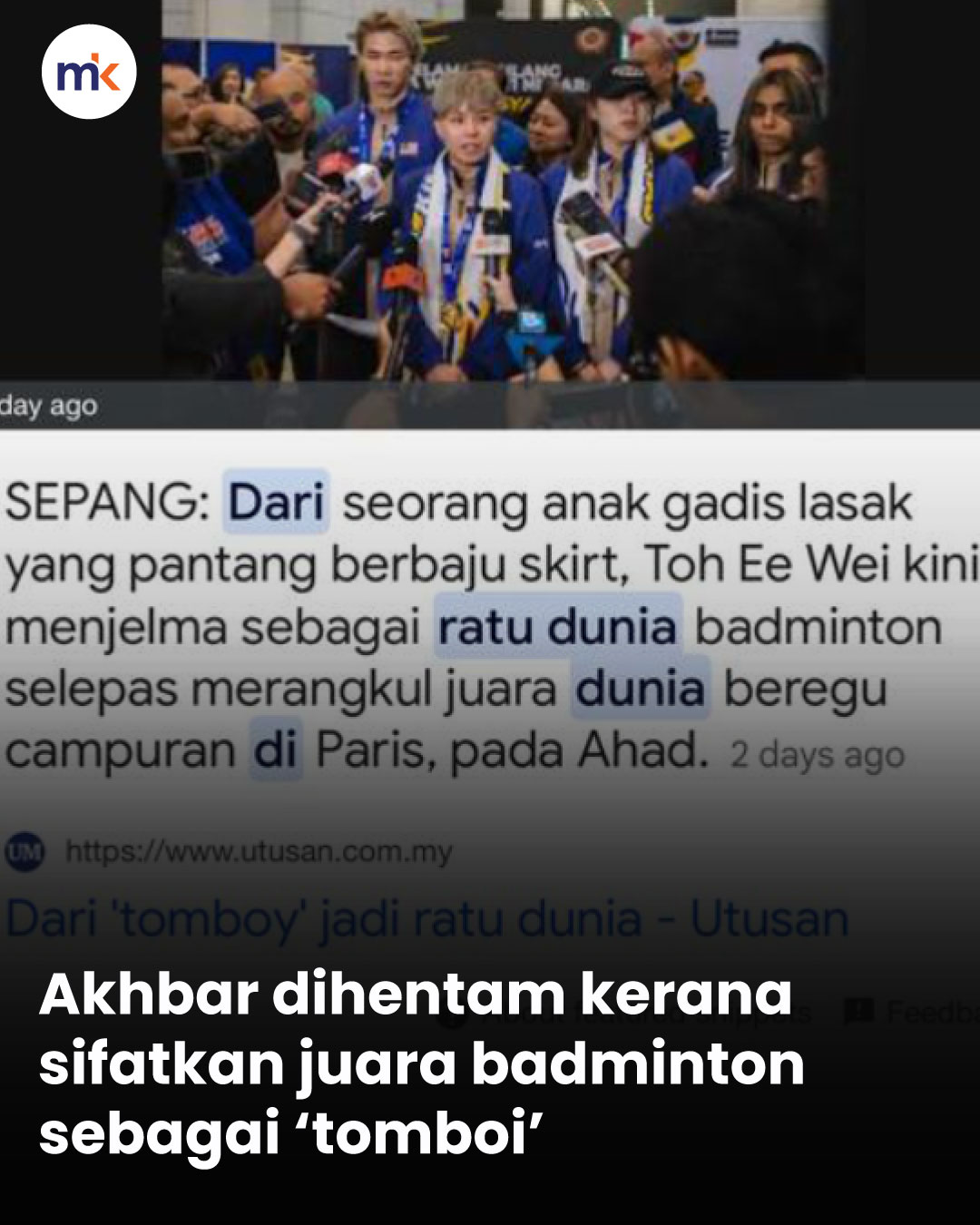 Akhbar dihentam kerana sifatkan juara badminton sebagai ‘tomboi’