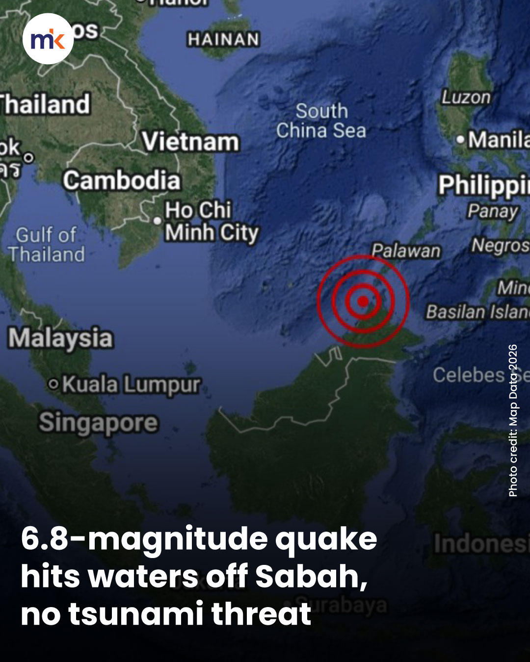 6.8-magnitude quake hits waters off Sabah, no tsunami threat